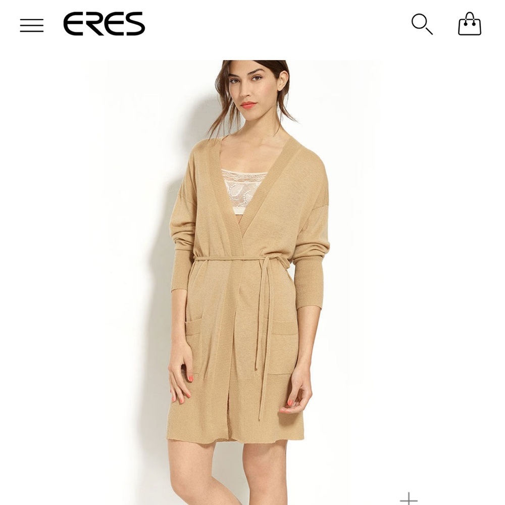 ERES Camel Belted Knit Cardigan with Patch Pockets